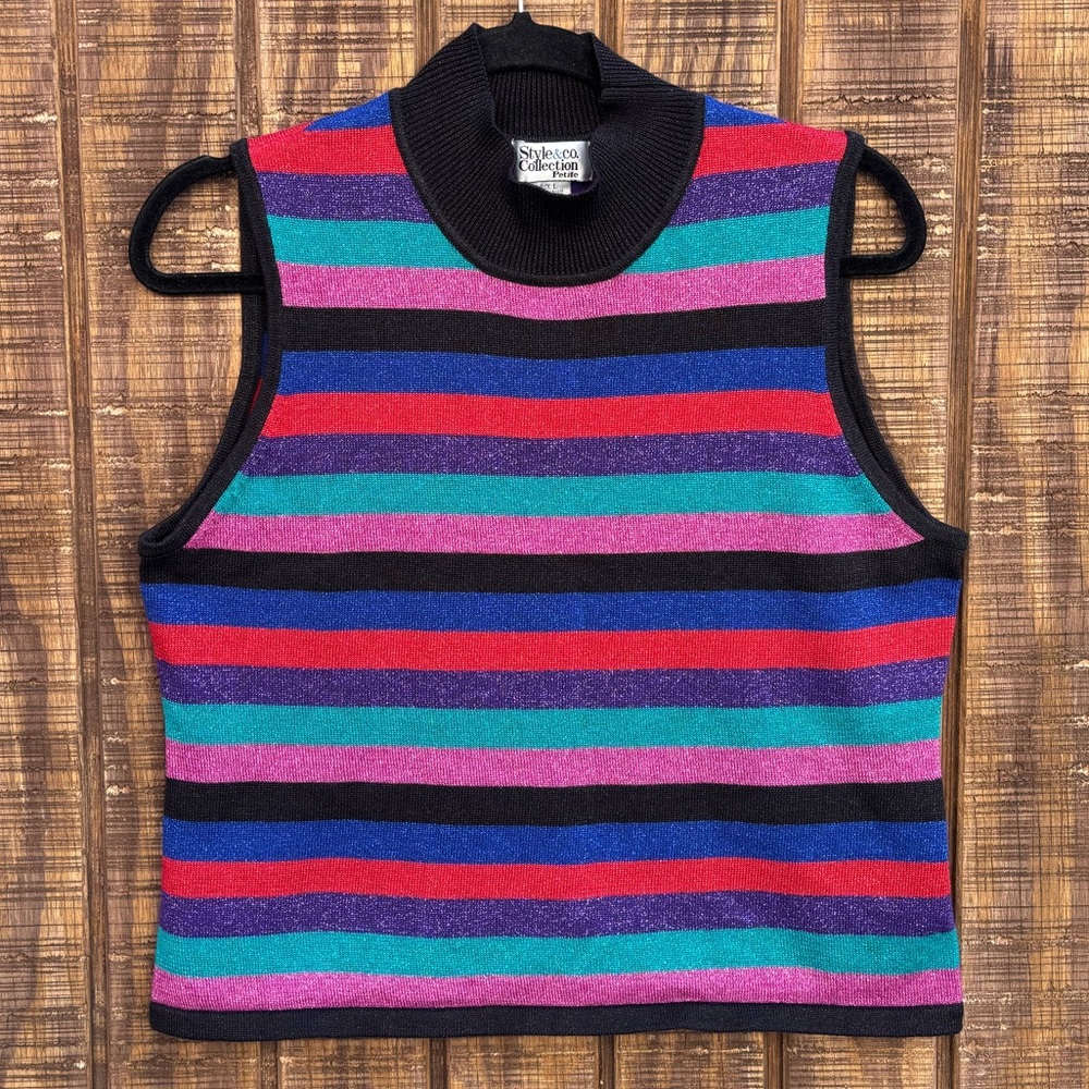 Vintage Retro Rainbow Colored Striped Mock Neck Sweater Tank Top